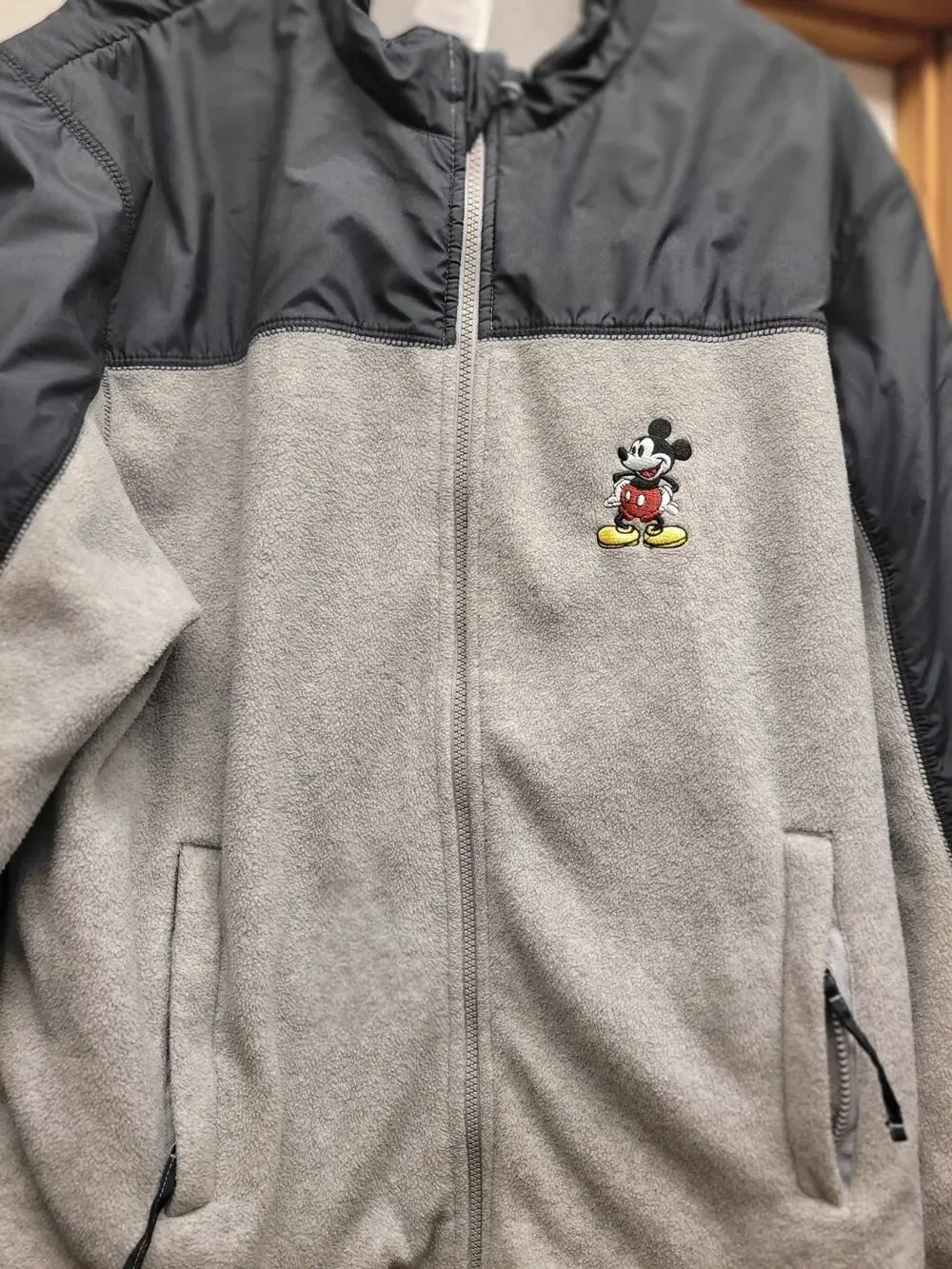 Disney Store Mickey Mouse Full Zip Jacket Gray Black Colorblock Fleece Mens L